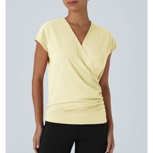 Halara V Neck Cap Sleeve Crossover Ruched Solid Work Blouse Sz Medium Womens Yel